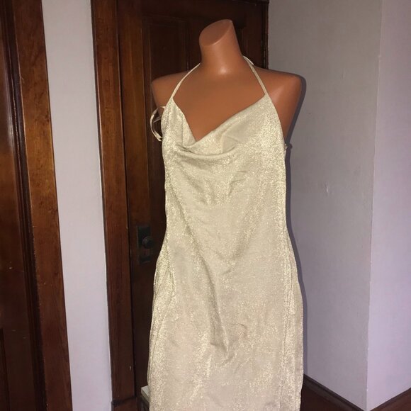 Express Gold Shimmer Halter Dress – Size 13/14 - Picture 1 of 3